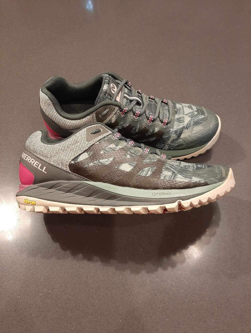 Merrell Women's Trail Running Shoes - Olive Gray with Pink Accents